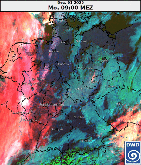 Animiertes Satellitenbild des neuen europäischen Satelliten Meteosat Third Generation (MTG-I1) zeigt verschiedene Wolkentypen (rot: hohe Schleierwolken; blau-grau: niedrige Wasserwolken, Nebel oder Hochnebel; grün: optisch dichte Wolken und schneebedeckte