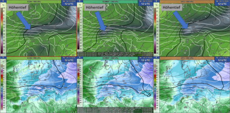 Modellvergleich der Großwetterlage für Mittwoch, den 24.12.2025 um 12 UTC. Es existieren immer noch kleinere räumliche und zeitliche Unterschiede in der Zugbahn des Höhentiefs. Zudem wird auch die Intensität noch unterschiedlich berechnet.