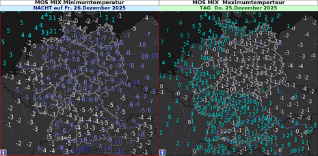 Die Höchst- und Tiefstwerte für den 25.12. und die Nacht auf den 26.12. verdeutlichen das kalte Potential der einfließenden Luftmasse mit der regionalen Option auf Dauerfrost.