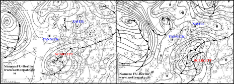 DWD-Bodendruckanalyse vom 23. (links) und 24. Dezember 2010 (rechts) jeweils um 00 UTC mit eingezeichneten Fronten und Namen der Druckgebilde.