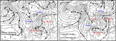 DWD-Bodendruckanalyse vom 25. (links) und 26. Dezember 2010 (rechts) jeweils um 00 UTC mit eingezeichneten Fronten und Namen der Druckgebilde.