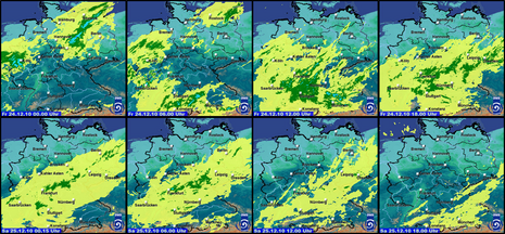 Niederschlagsradar Deutschland vom 24. Dezember 2010 um 00:00, 06:00, 12:00 und 18:00 Uhr MEZ (oben) und vom 25. Dezember 2010 um 00:15, 06:00, 12:00 und 18:00 Uhr MEZ (unten).