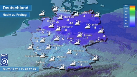 Wetter- und Temperaturkarte, in der Nacht zum Freitag 25./26.12.2025. Quelle: DWD
