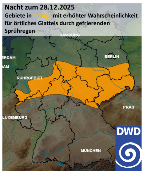Gebiete in orange mit erhöhter Wahrscheinlichkeit für Glatteis in der Nacht zum 28.12.2025