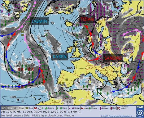 DWD-Vorhersagekarte für Mittwoch, 31.12.2025, 13 Uhr.