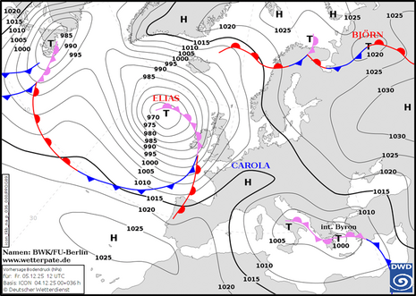 Frontenvorhersagekarte für Freitag, 05.12.2025, 12 UTC, basierend auf dem Modelllauf von ICON am heutigen Donnerstag um 00 UTC