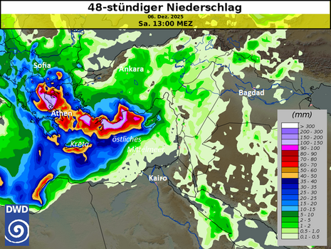 48-stündige Niederschlagssummen (nach dem DWD-Modell ICON) für den Zeitraum Donnerstag, 04.12.2025, 13:00 MEZ bis Samstag, 06.12.2025, 13:00 MEZ