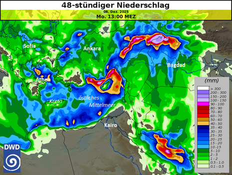 48-stündige Niederschlagssummen (nach dem DWD-Modell ICON) für den Zeitraum Samstag, 06.12.2025, 13:00 MEZ bis Montag, 08.12.2025, 13:00 MEZ