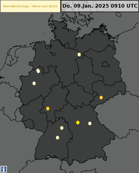 In der Animation sieht man Nutzermeldung zum Wind (gelb bis rot) und Blitzen (violett) am 9.Januar 2025.