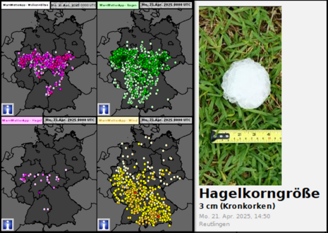 Erste ausgeprägte Gewitterlage am 24.April anhand der Nutzermeldungen. Hagel bis 3 cm, Starkregen und Sturm.