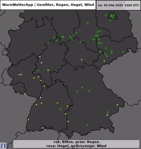 In der Animation sieht man die Nutzermeldungen zur Gewitterlage am 3.Mai. Neben Blitzen werden Regen, Hagel und Windmeldungen angezeigt.
