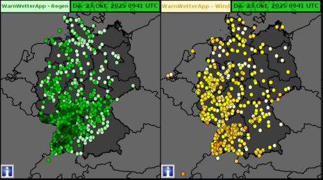 Im Bild sind die 24 h Nutzermeldungen für die herbstliche Sturmlage am 23.10. zu sehen. Unterteilt wurden die Meldungen in Regen und Wind.