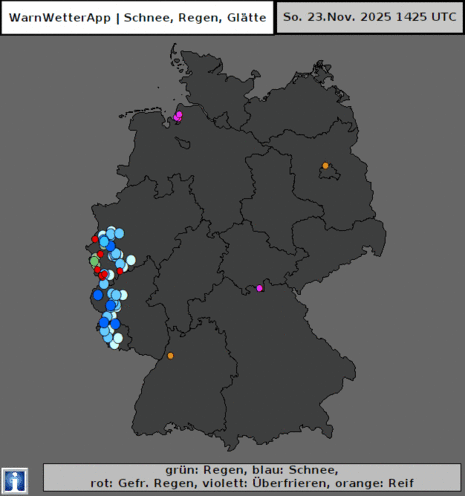 Die Animation zeigt den Ablauf der Schnee- und Glatteislage am 23.11. und in der Nacht auf den 24.11. Dargestellt sind Regen-, Schnee- und Glättemeldungen.
