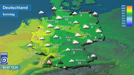 Wettervorhersage sowie Vorhersage der Tageshöchsttemperaturen in Deutschland am heutigen Sonntag, den 07.12.2025 (Quelle: DWD)