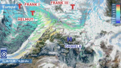 Abbildung 1: Großwetterlage am Dienstag, 09.12.2025: Bewölkung, Niederschlag sowie Wind und Temperatur auf 850 hPa (ca. 1500 m Höhe).