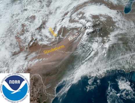 Staubstürme, Rauchfahnen von Bränden und konvektive Wolken. (Quelle NOAA)