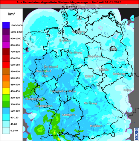 Aus Radardaten abgeleitete Niederschlagsmenge seit Jahresbeginn in l/m² (Quelle DWD)