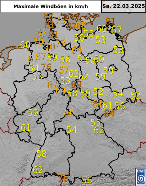Maximale Windböen in km/h am Samstag, den 22.03.2025 (Quelle DWD)