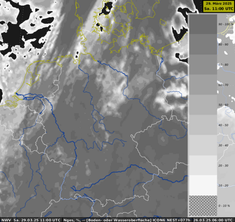 ICON-6 Bedeckungsgrad für Samstag, 29.03.2025 um 12 Uhr (Quelle Deutscher Wetterdienst)