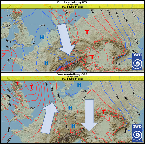 Bodendruckverteilung nach IFS (oben) und GFS (unten) für Freitag, 18.04.2025, 14 MESZ