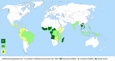 Kaffeeanbaugebiete der 14 größten Kaffeeproduzenten der Welt (Quelle Wikipedia)