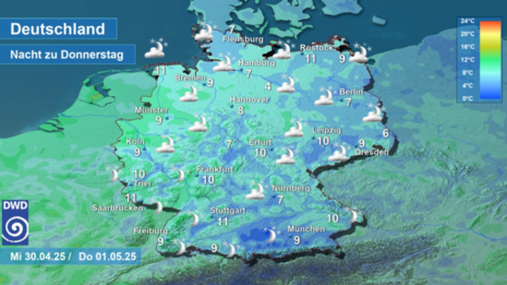 Wettervorhersage sowie Vorhersage der nächtlichen Tiefsttemperaturen in Deutschland in der Nacht zum Donnerstag, den 01.05.2025