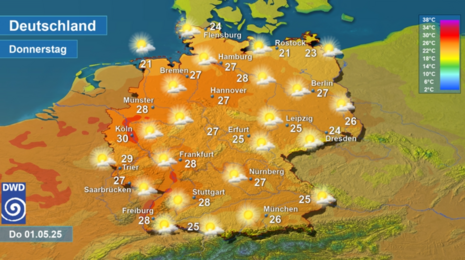 Wettervorhersage sowie Vorhersage der Tageshöchsttemperaturen in Deutschland am Donnerstag, den 01.05.2025