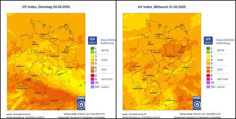 UV-Index für Deutschland am Dienstag, den 20.05. und Mittwoch, den 21.05. (Quelle DWD)