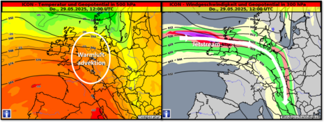Links: Temperatur und Geopotential in 500 hPa Rechts: Prognostizierte Windgeschwindigkeiten und Geopotential in 300 hPa jeweils für Donnerstag, den 29.05.2025 12 UTC [ICON-Modell: Lauf 25.05.2025 06 UTC] (Quelle DWD)