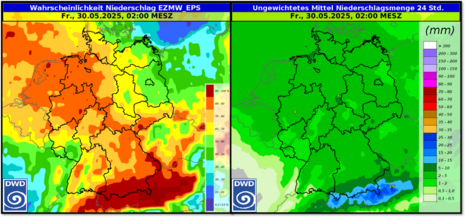 Links: Wahrscheinlichkeit für Niederschlag für Donnerstag 00-24 UTC. [EZMWF-Ensemble: Lauf 25.05.2025 00 UTC] Rechts: Ungewichtetes Mittel der 24-Std. Niederschlagssumme [ICON_EU-Ensemble: Lauf 25.05.2025 06 UTC] (Quelle DWD)