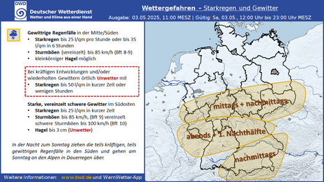 Schematische Karte für die potentielle Gewittergefahr am Samstag, 3. Mai.
