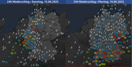 Diese Grafik zeigt die Niederschlagsmenge für Samstag und Sonntag. (Quelle DWD)