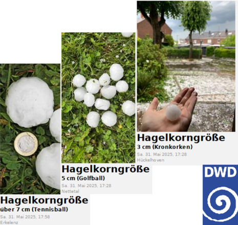 Hagelbilder aus Nettetal, Hückelhoven und Erkelenz zu sehen sich Hagelkörner um 5 cm Größe.