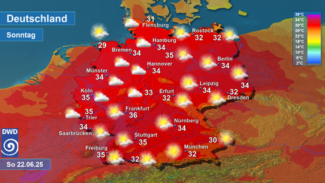 Wettervorhersage mit Maximaltemperaturen für den morgigen Sonntag, den 21.06.2025 (Quelle Deutscher Wetterdienst)
