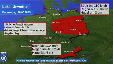 Unwettergrafik zu lokalen Schwergewittern am Donnerstag, 26.06.2025 (Quelle Deutscher Wetterdienst)