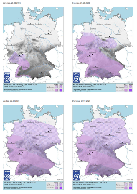 Hitzetrend für Deutschland von Samstag, 28.06.2025 bis Dienstag, 01.07.2025 (Quelle Deutscher Wetterdienst)