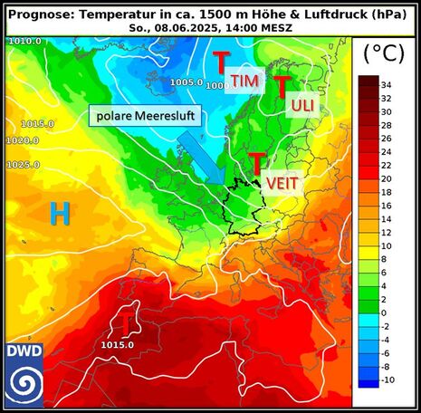 Luftdruck am Boden als weiße Linien und Temperatur in rund 1500 m Höhe als Farbfläche für Pfingstsonntag, 08.06.2025, 14 Uhr (ICON-Prognose). (Quelle Deutscher Wetterdienst)