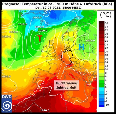 Luftdruck am Boden als weiße Linien und Temperatur in rund 1500 m Höhe als Farbfläche für Donnerstag, 12.06.2025, 14 Uhr (ICON-Prognose). (Quelle Deutscher Wetterdienst)