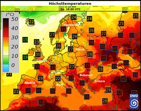 Höchsttemperaturen in Europa am kommenden Sonntag
