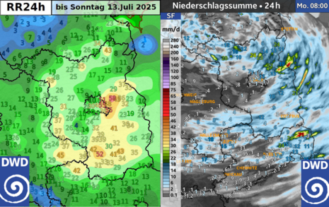 Zwei Karten für Ostdeutschland mit den 24-stündigen Regenmengen vom 12. und 13.07.2025. (Quelle DWD)