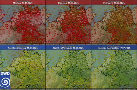Deutschlandkarten der prognostizierten Höchst- und Tiefstwerte. Langsame Abkühlung von heute bis Mittwoch auf 18 bis 24 Grad. (Quelle DWD)