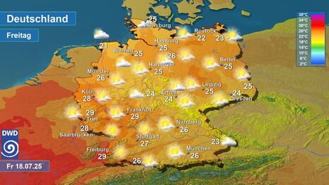 Deutschlandwetter für morgen, Freitag, den 18.07.2025