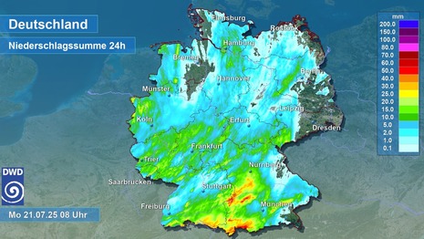 24-stündige Niederschlagsmenge von Sonntag, 20.07.2025, 8 MESZ bis Montag, 21.07.2027, 8 MESZ