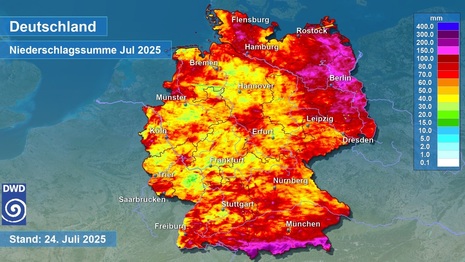 Niederschlagssumme abgeleitet aus Radardaten für Juli 2025, bis zum 24.07.2025 8 Uhr (Quelle: DWD)