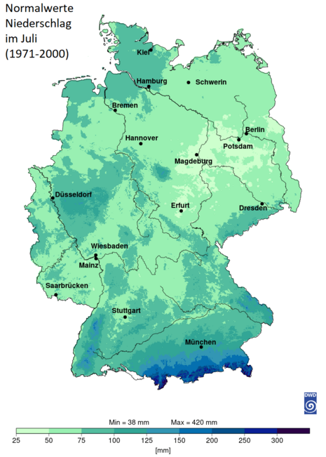 Vieljähriger Mittelwert der Niederschlagsmengen im Juli, Klimaperiode 1971-2000 (Quelle: DWD)