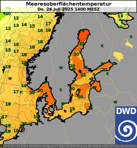 Wassertemperatur von Nord- und Ostsee in Flächendarstellung. (Quelle DWD)