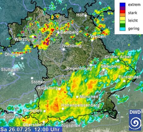 Niederschlagsradarbild von Bayern am 26.07.2025 um 12 Uhr MESZ (Quelle Deutscher Wetterdienst)