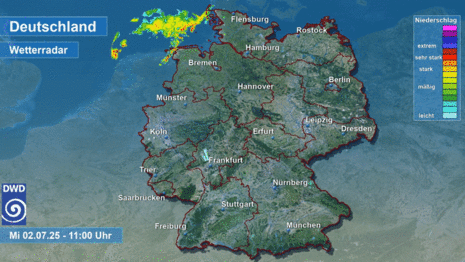 Deutschlandkarte mit animiertem Wetterradar zeigt Entstehung der Gewitter am Mittwochnachmittag und das anschließende Nachlassen in der Nacht zum Donnerstag.