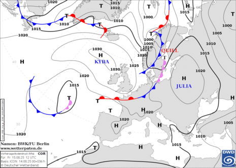 Abb 1: DWD-Bodenwetterkarte mit Namen der Hoch- und Tiefdruckgebiete, vergeben von der Freien Universität Berlin.