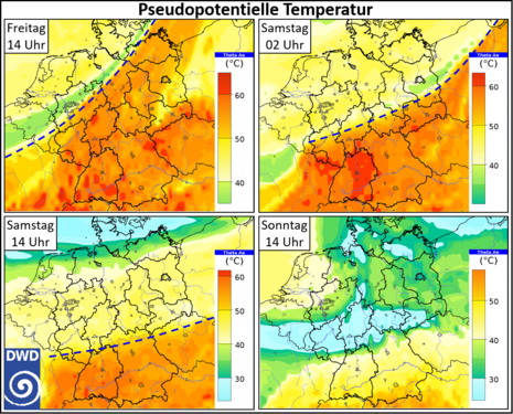 Die Front kommt aber nur sehr gemächlich voran, wie man eindrucksvoll anhand der pseudopotentiellen Temperaturverteilung in 850 hPa (ca. 1500 m über Meeresniveau) erkennen kann. Dabei handelt es sich um ein Maß, das die Temperatur und Feuchte einer Luftma